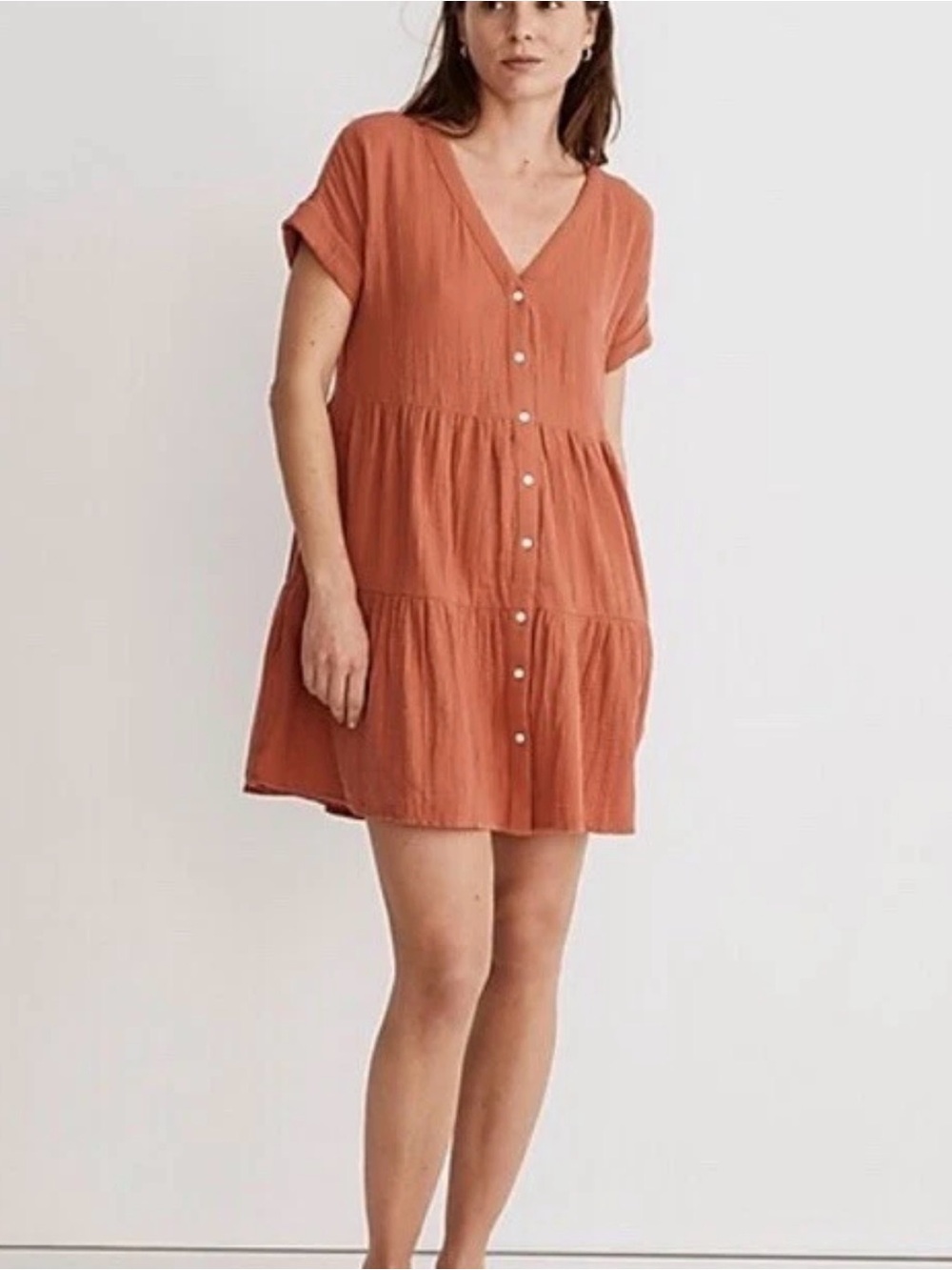 Madewell Lightspun Cuff-Sleeve Button-Front Tiered V-Neck Dress -XL